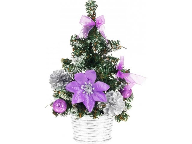 Елка эксклюзивная с фиолетовым напылением, украшенная цветами, шишками, подарками и бантами 20 см