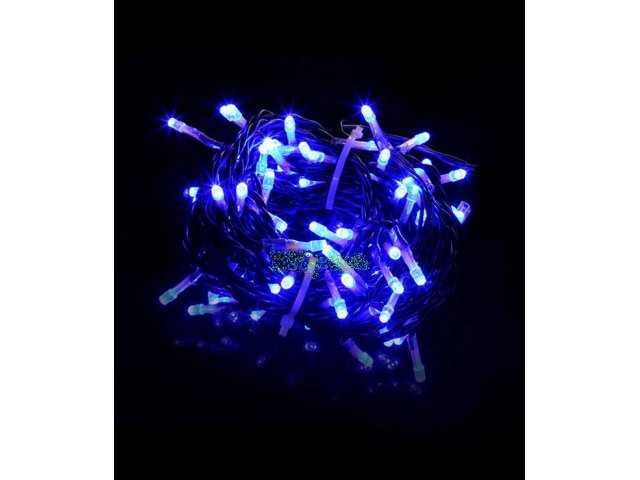 Светодиодная нить 10 метров, 100 led, цв. синий, провод черный PVC