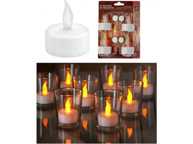 Свечи чайные, КЛАССИЧЕСКИЕ, с LED-огнями, белые, набор 4 шт., 3.8х4.8 см, батарейки, Koopman International
