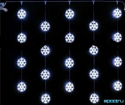 Светодиодный узорный занавес снежинки Rich LED, размер 2*2 м, прозрачный провод, 20 снежинок, соединяемый, 220 В, цв. белый