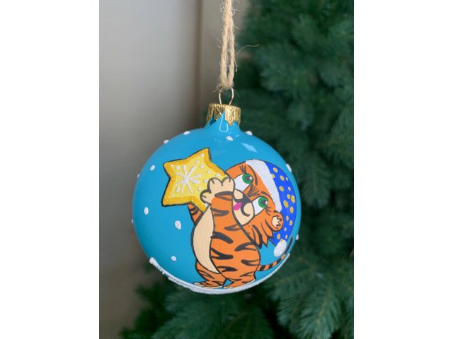 Елочный шар, символ года, Тигрята, бирюзовый, 85 мм